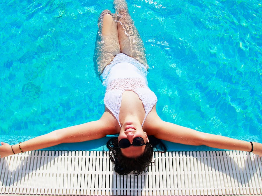 Outdoor pool, pool umbrellas, pool loungers