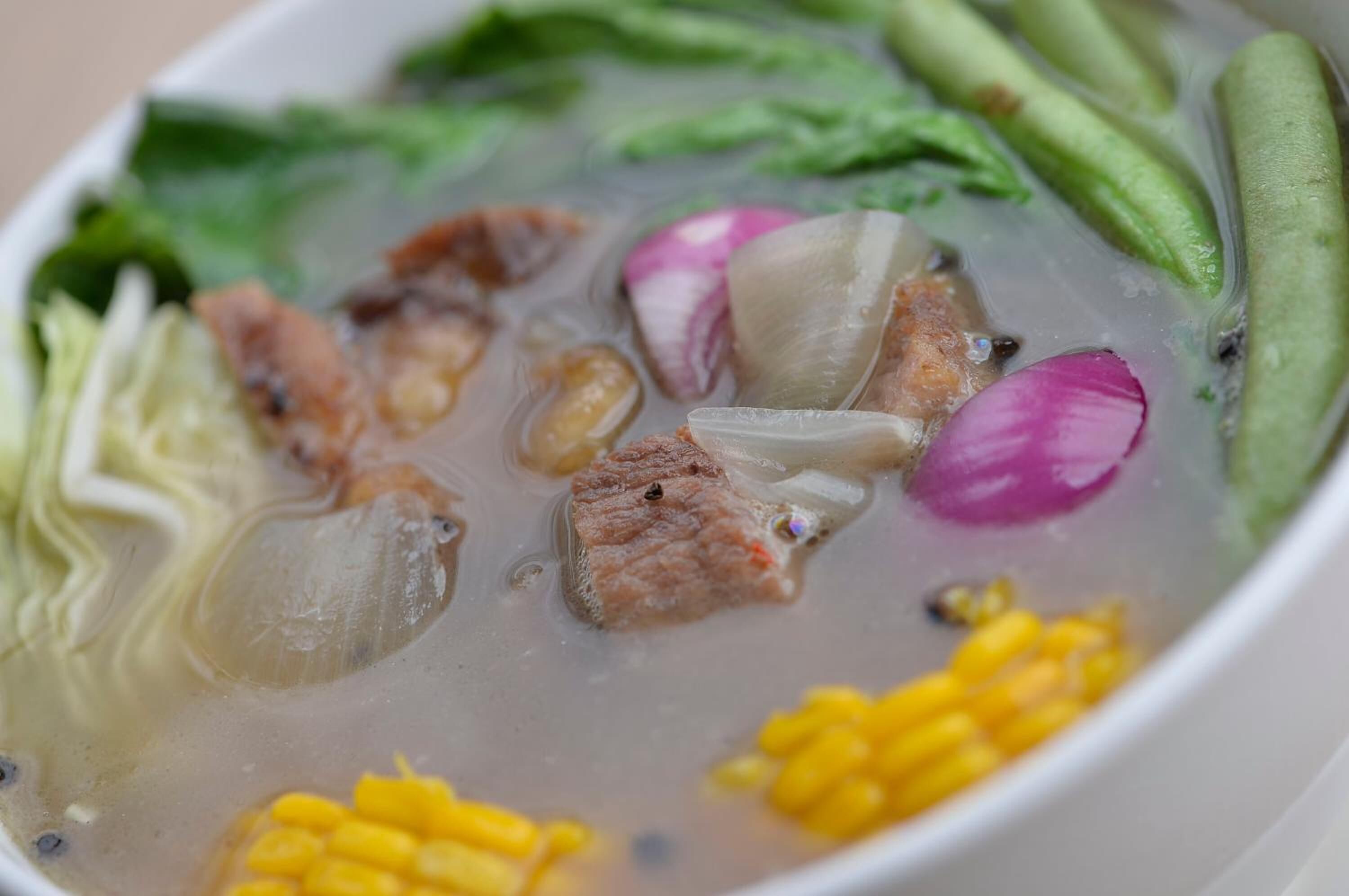 A bowl of soup with various vegetables and meat.