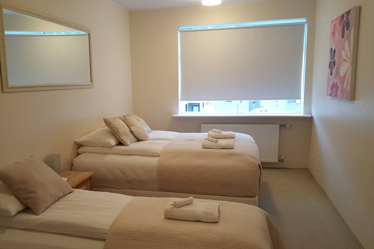 Een hotelkamer met twee eenpersoonsbedden, een grote spiegel, een raam met uitzicht en een radiator.