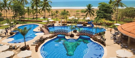 Outdoor pool, pool umbrellas, sun loungers