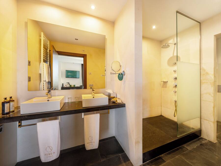 Ein modernes Badezimmer mit zwei Waschbecken, einem großen Spiegel und einer Duschkabine.