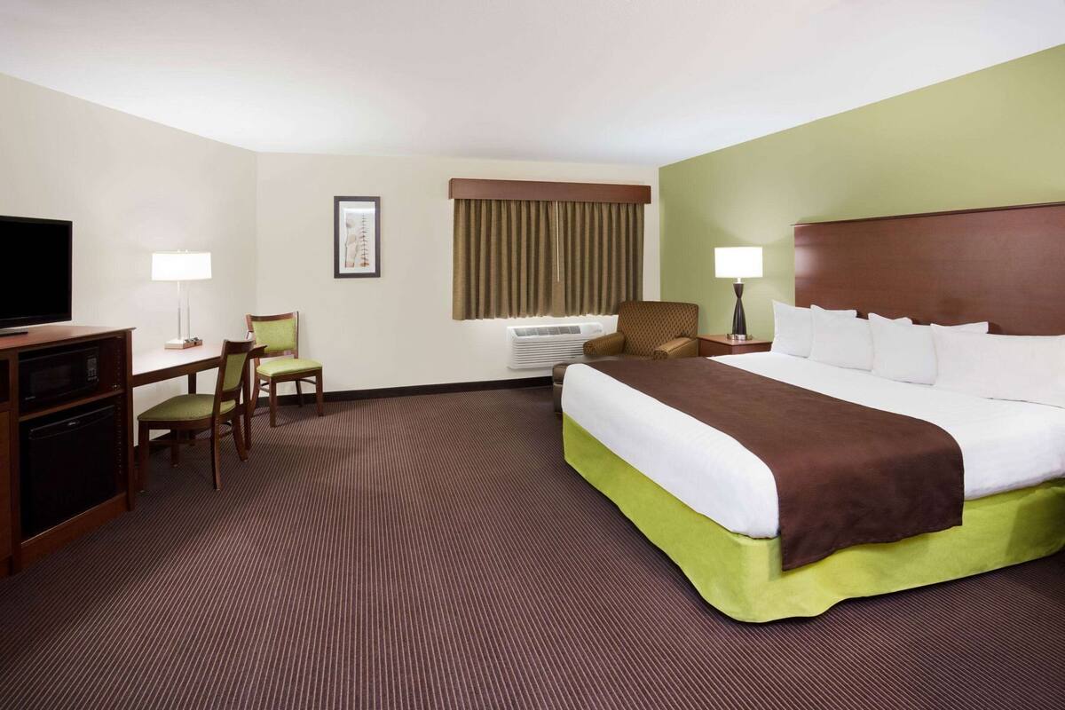 Habitación de hotel con cama, escritorio, silla, televisión y un cuadro en la pared.