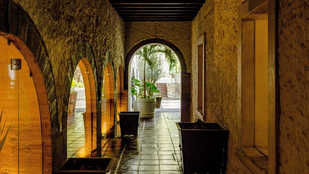 A corridor with arched ceilings and a central potted plant. - Hotel Boutique Hacienda Guadalupe (San Miguel de Allende)