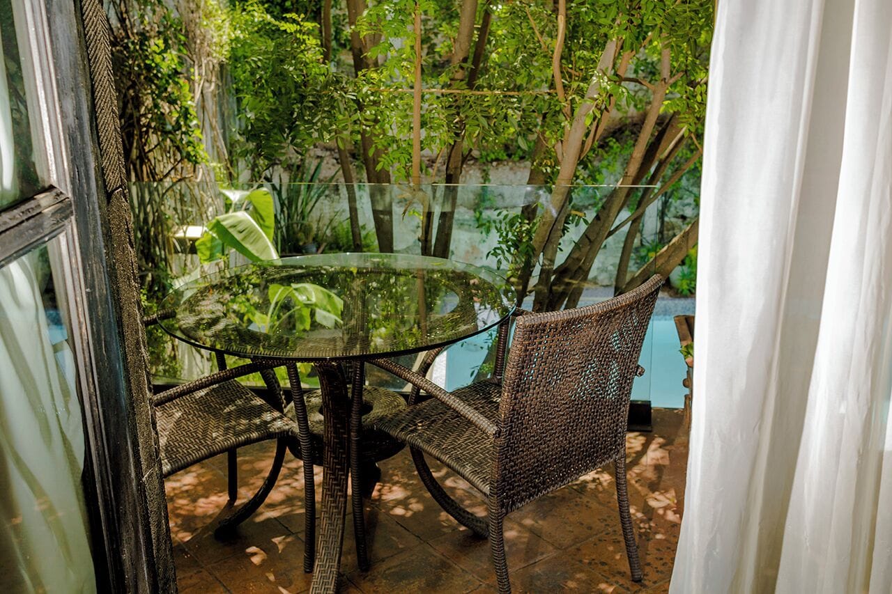 A glass table with wicker chairs in a garden area with trees and a view of a body of water.