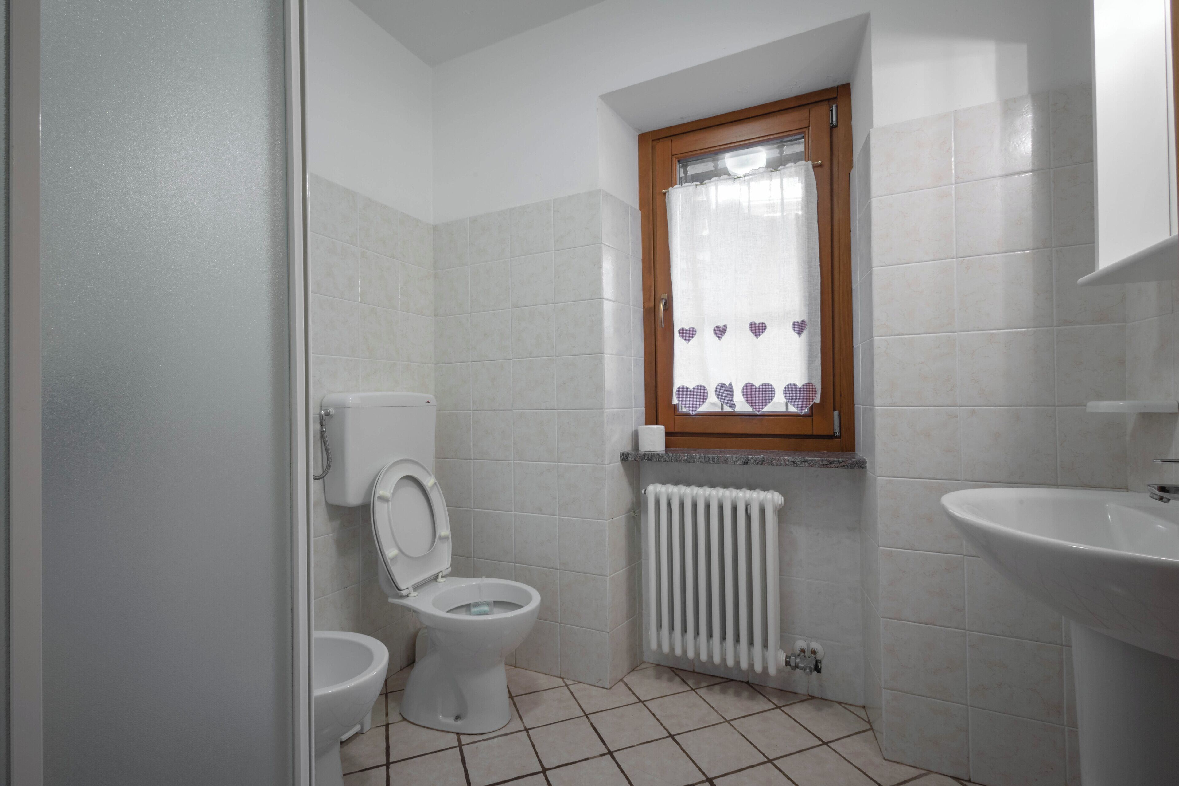 Un baño pequeño con inodoro, ventana y cortina con estampado de corazón, y un radiador.