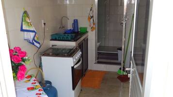 A compact kitchen with a gas stove, sink, and a small oven. There is a shower area with a glass door and a tiled floor.