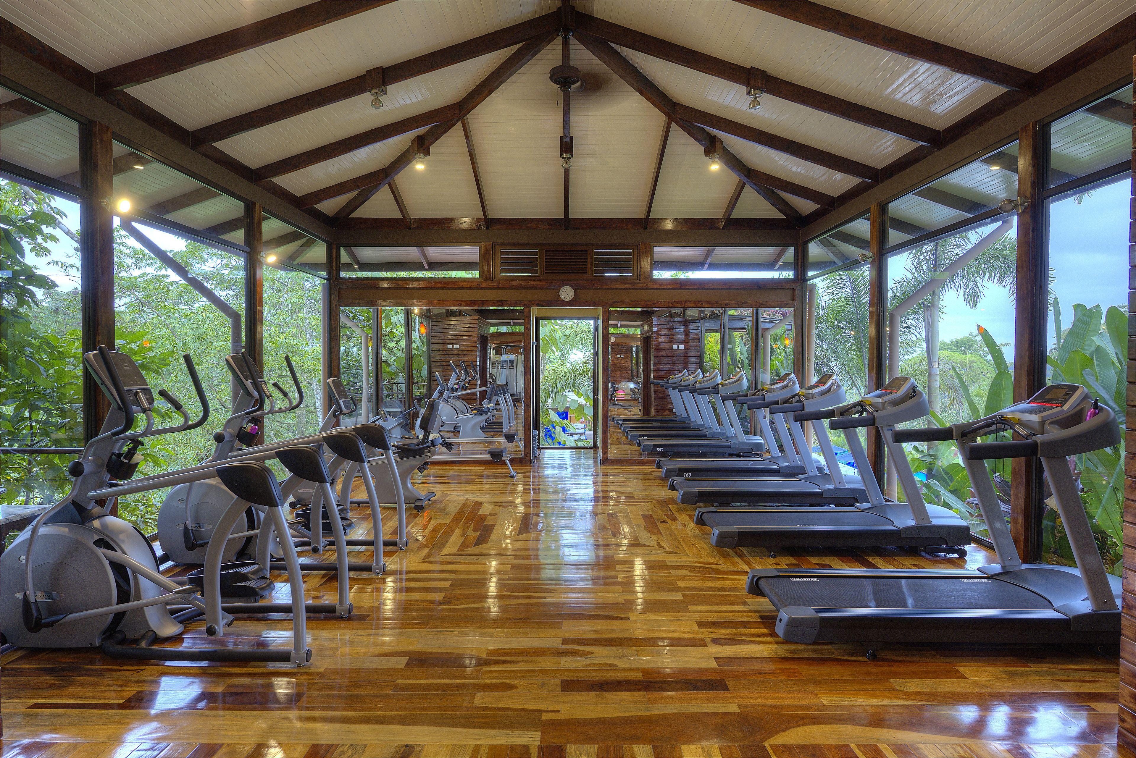 Une salle de sport équipée de matériel d’exercice et dotée de grandes fenêtres donnant sur un espace verdoyant.