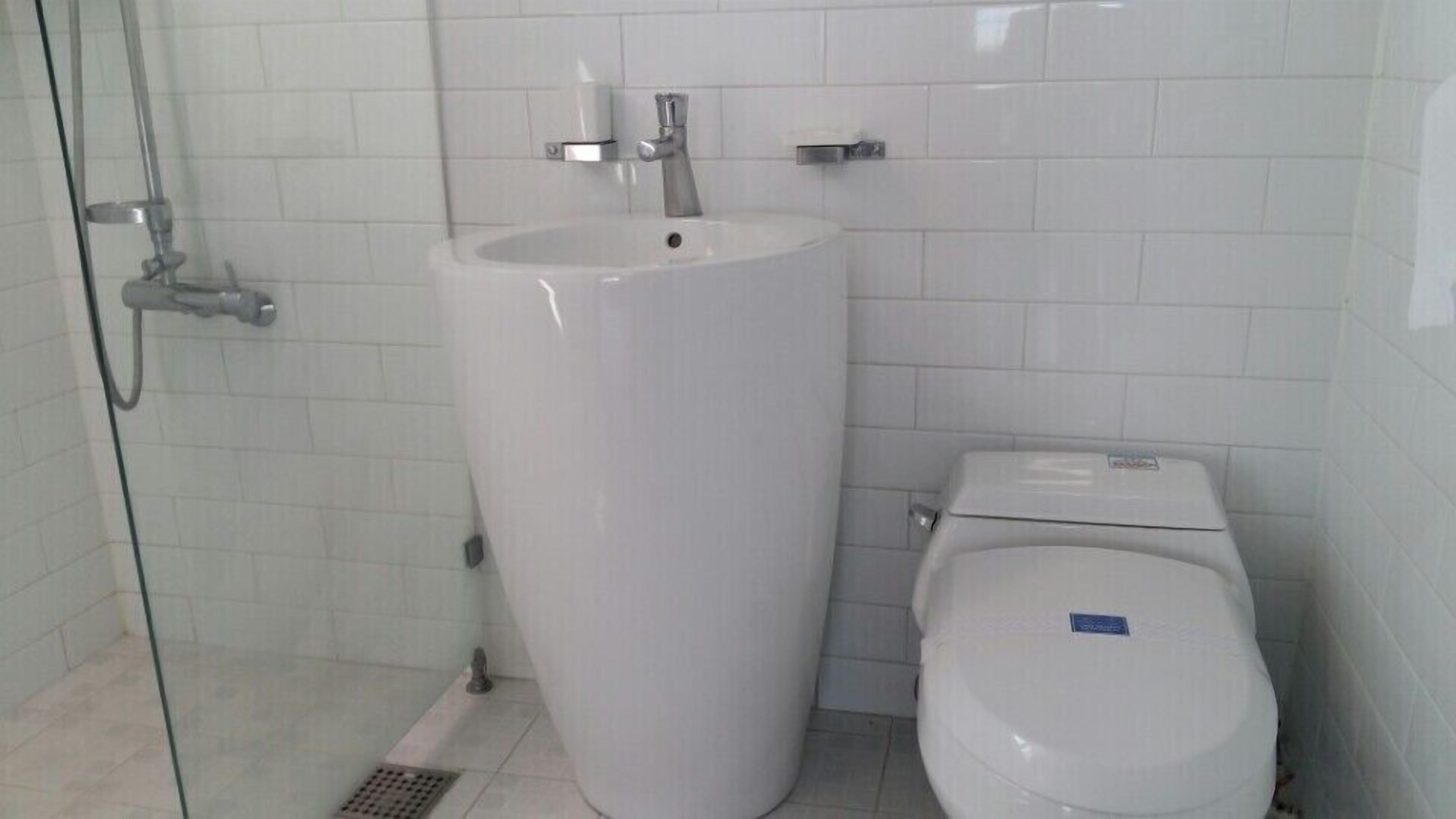 A bathroom with a large white pedestal sink, a toilet, and a glass shower enclosure.