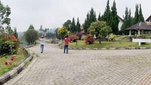 Un sendero pavimentado que conduce a un edificio con techo de tejas y una zona cubierta.