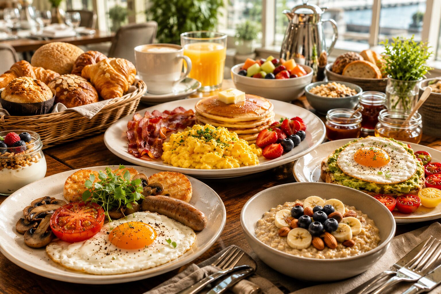 A breakfast buffet with various dishes including eggs, pancakes, and pastries.