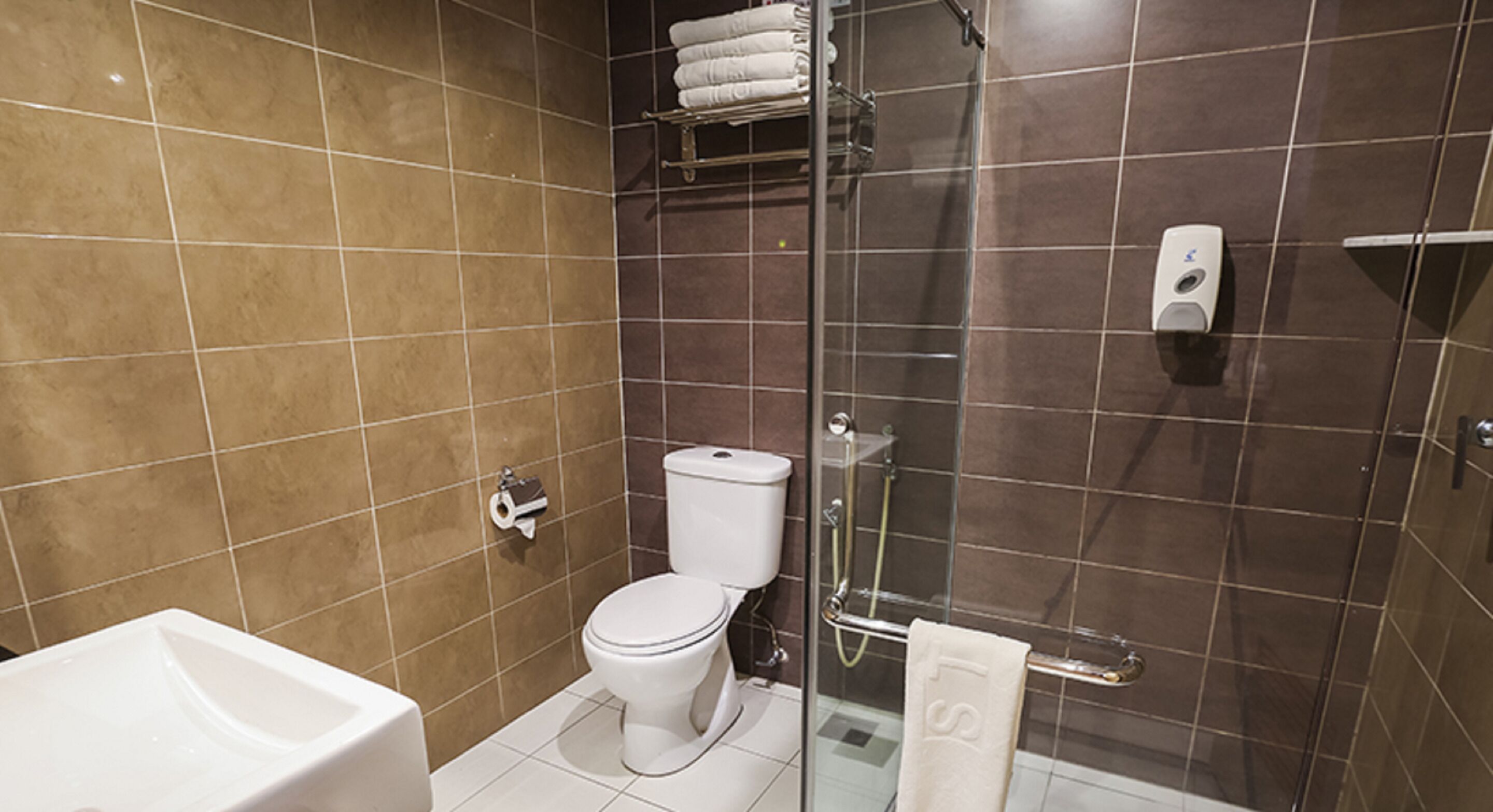 Un baño moderno con inodoro, ducha y lavamanos.
