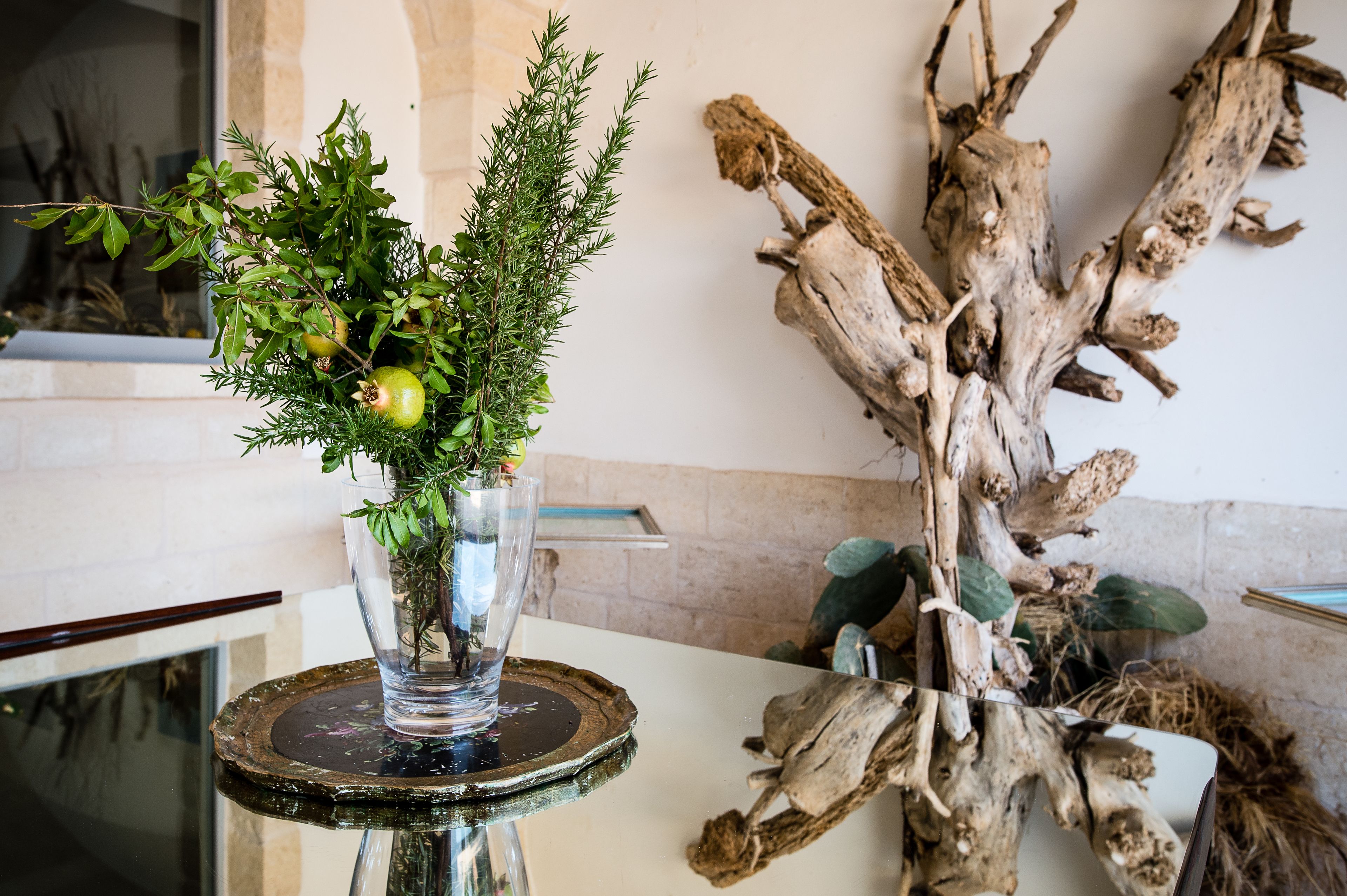 On voit clairement une pièce avec une table sur laquelle sont posés un pot de fleurs et un morceau de bois flotté.