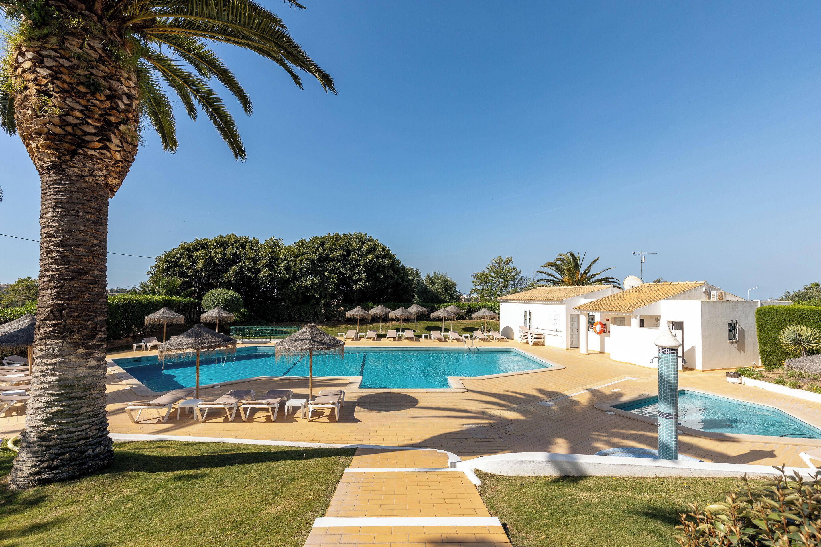 A pool area with lounge chairs and umbrellas, surrounded by palm trees and a building with a tiled roof.