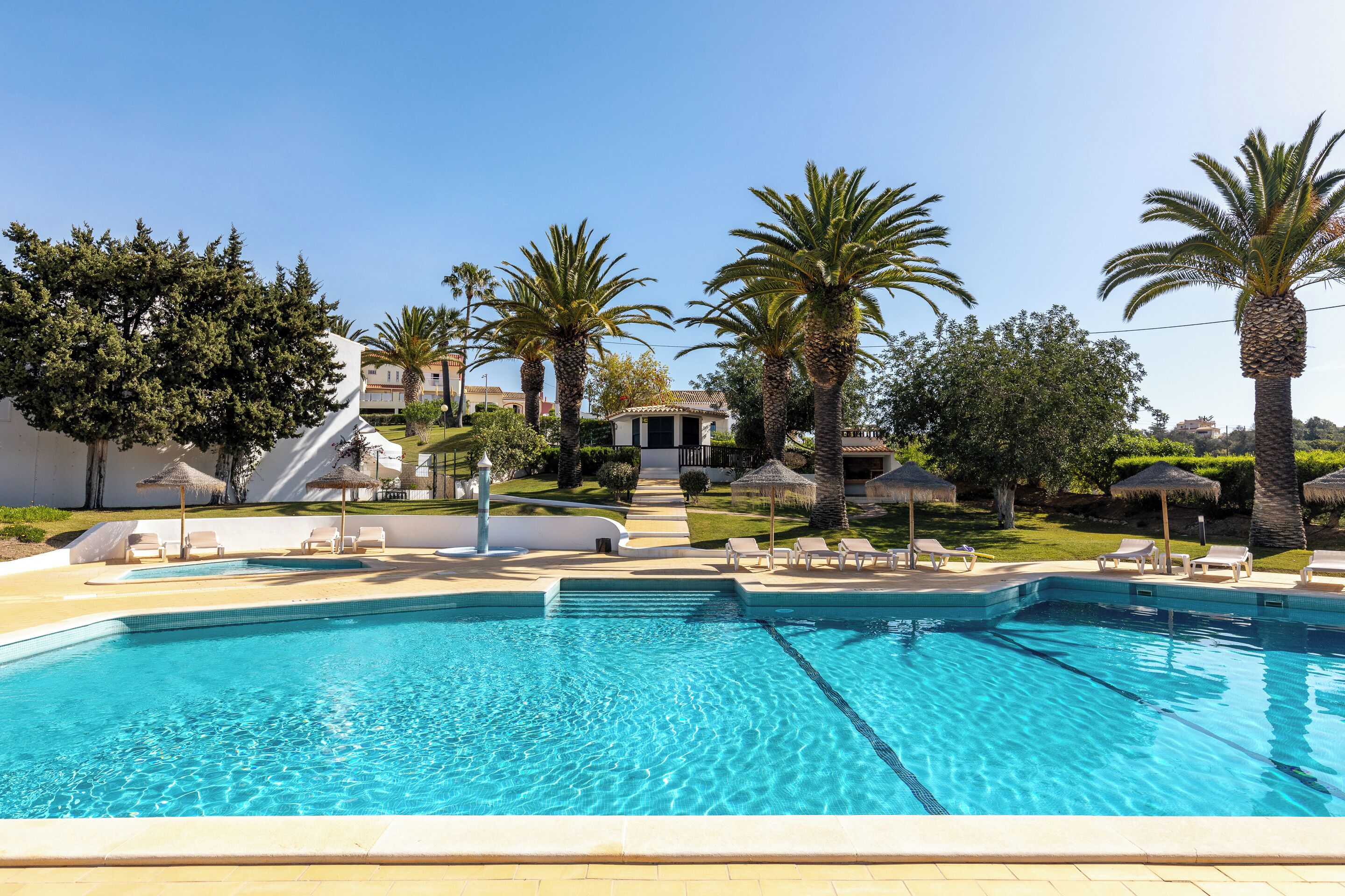 Una piscina con agua cristalina azul, rodeada de sillones de descanso y palmeras.