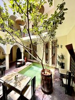 A courtyard with a pool, seating areas, and a large tree in the center.