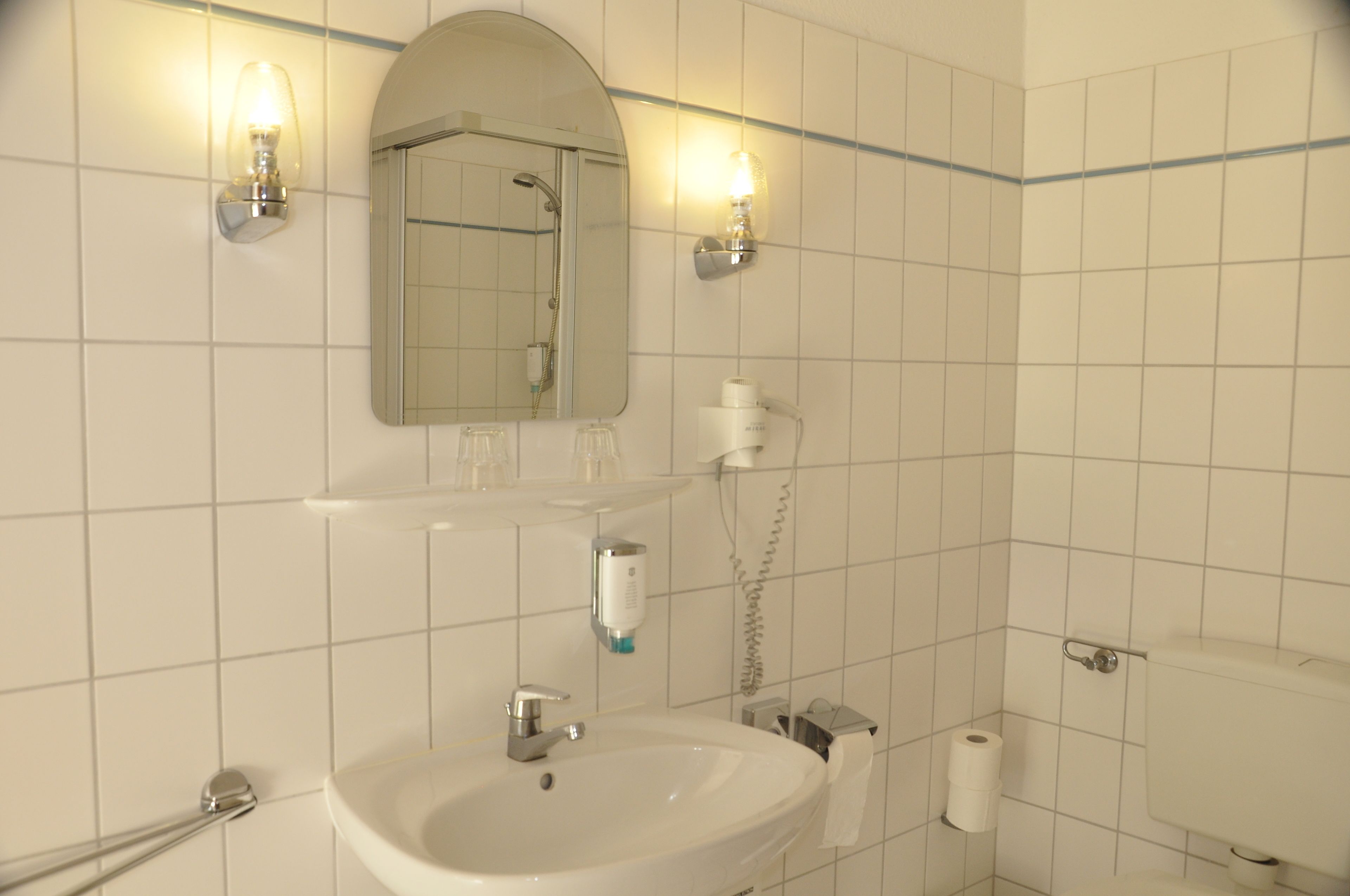 shower, free toiletries, hair dryer, towels