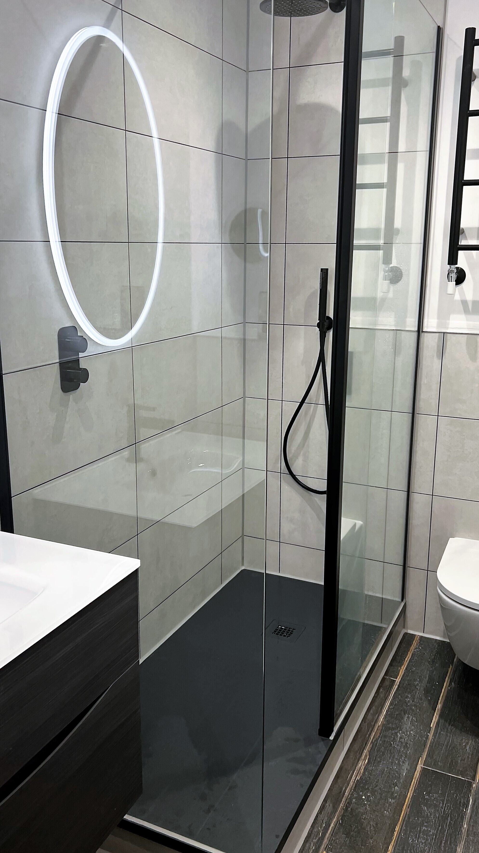 Et moderne badeværelse med en bruseniche i glas, en hvid vask og et toilet.