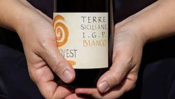 Una persona che tiene in mano una bottiglia di vino con un'etichetta che recita “TERRE SICILIANE I.G.P. BIANCO”.