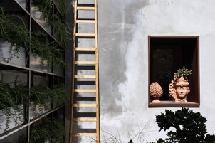 Pared de hormigón con una ventana, una escalera de madera y plantas verdes.
