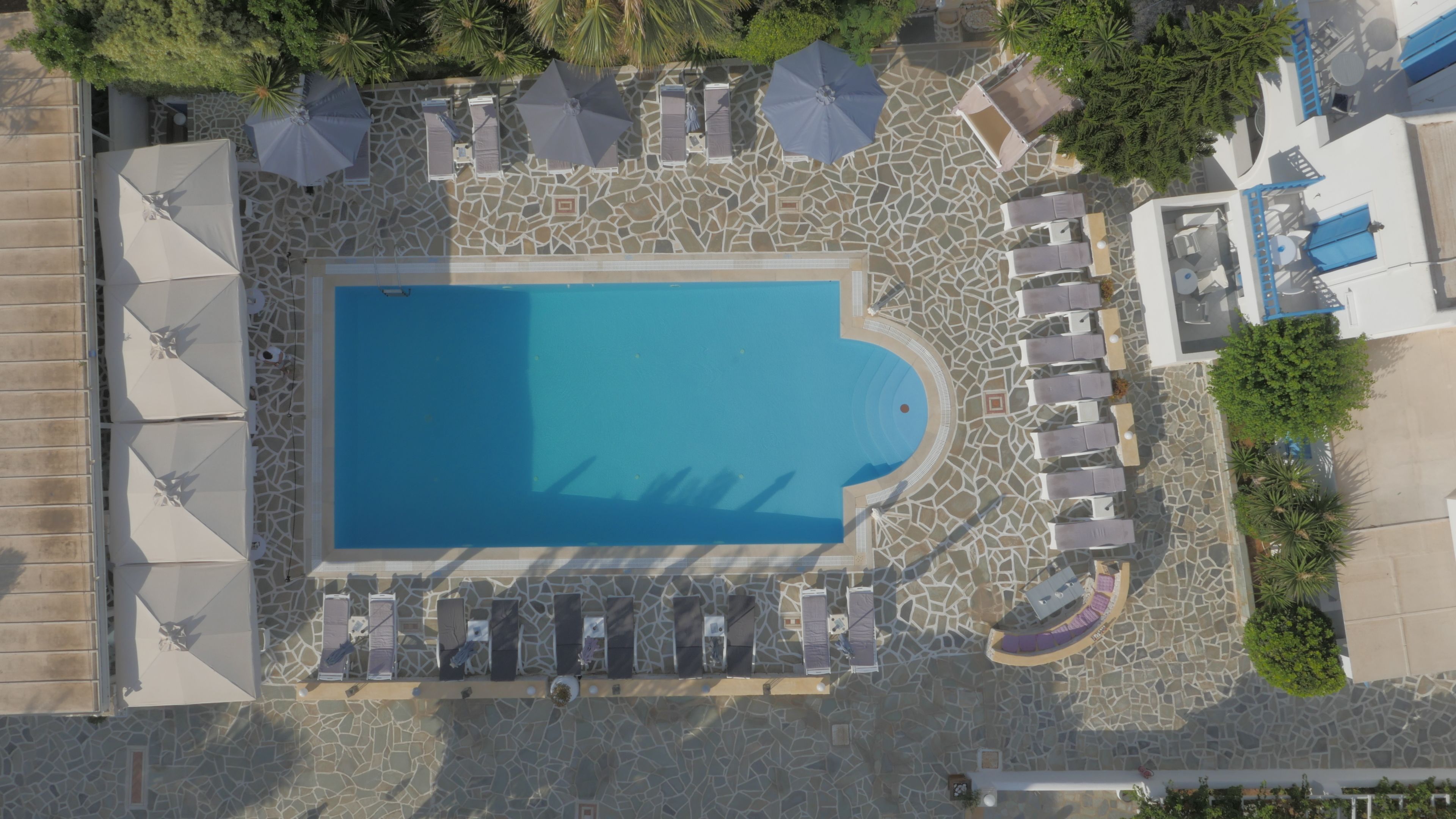 Eine Vogelperspektive zeigt einen Swimmingpool, umgeben von Liegestühlen und Sonnenschirmen, mit einer Terrasse aus Steinplatten und Grünpflanzen.