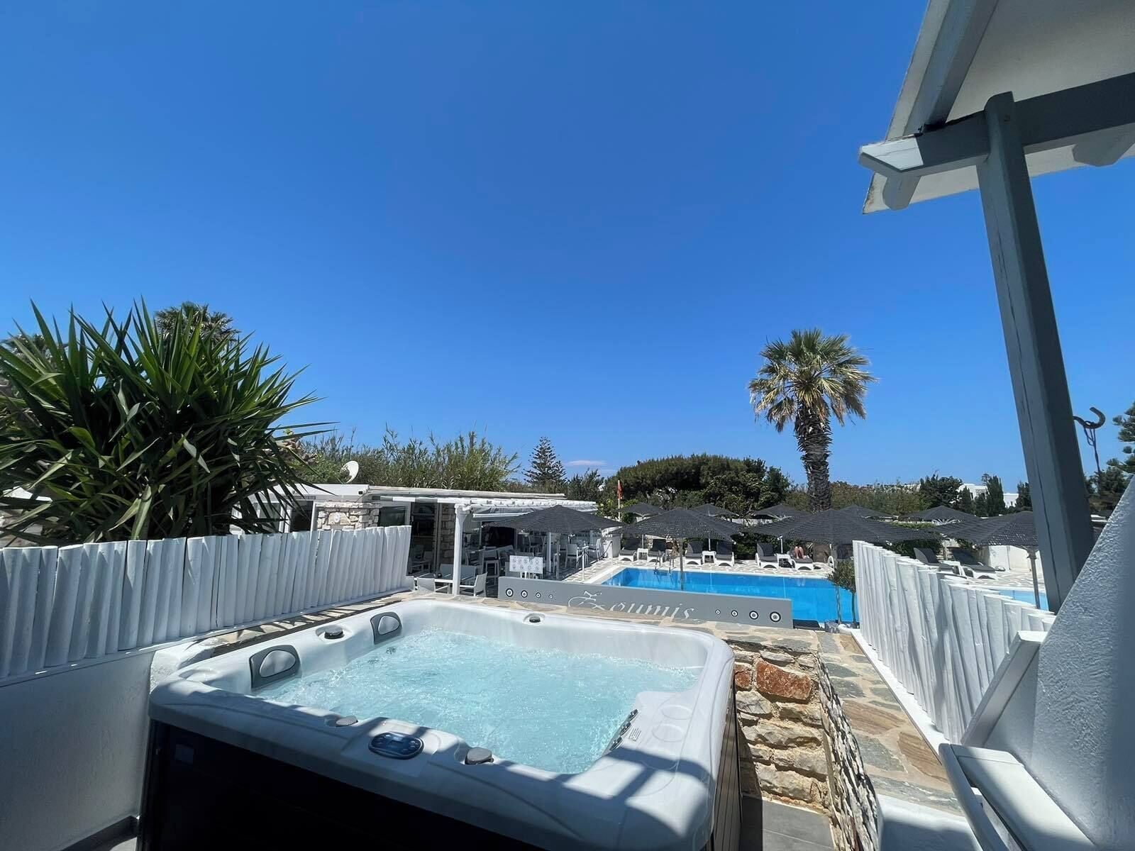 A hot tub and a swimming pool with lounge chairs, surrounded by palm trees and a clear blue sky.