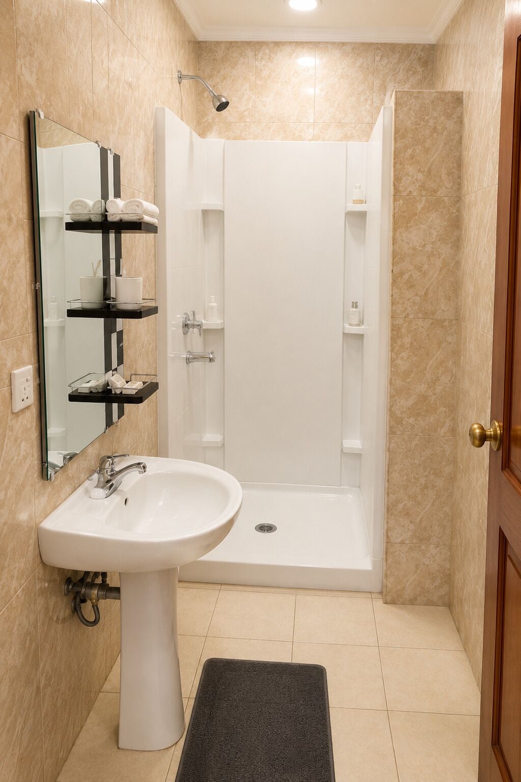 A modern bathroom with a white sink, a glass shower enclosure, and a mirror with towel racks.