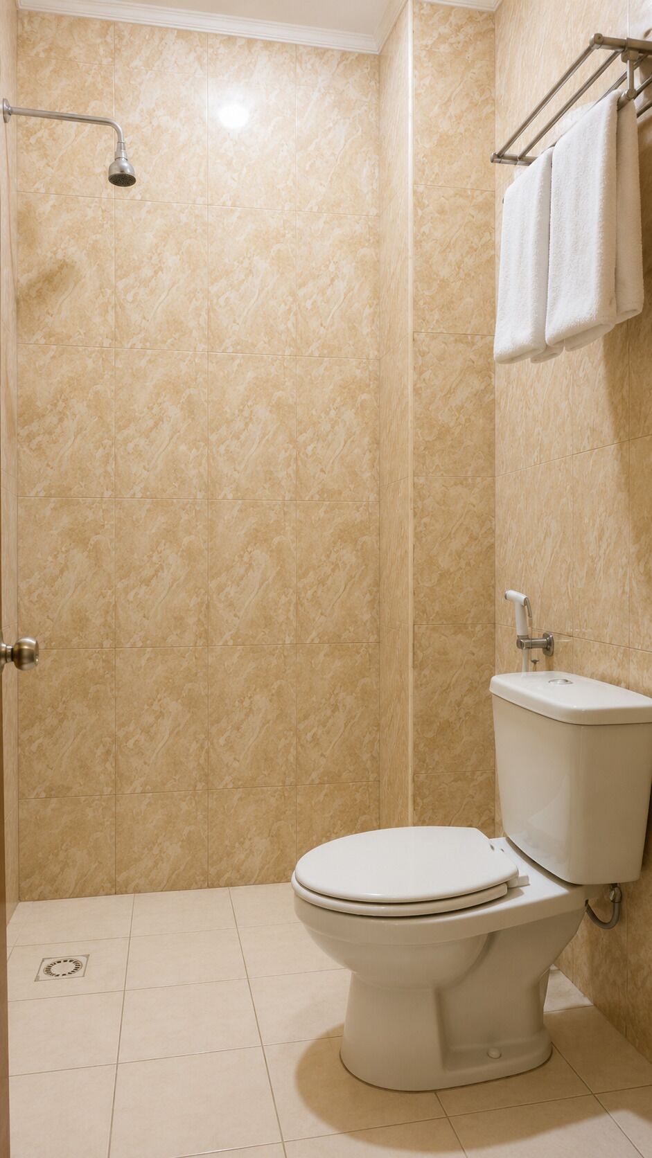 Un bagno con doccia, servizi igienici e porta asciugamani.