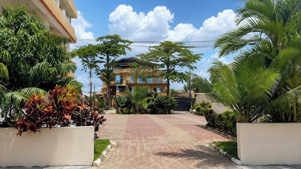 Un edificio residencial con entrada pavimentada, rodeado de exuberante vegetación y palmeras.