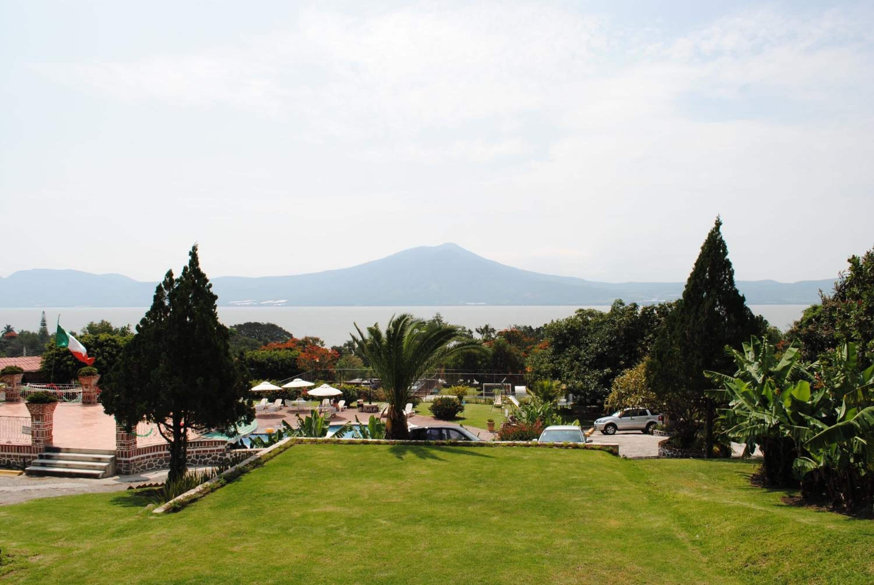 A view of a grassy area with a mountain in the background, a flag, and a few trees.