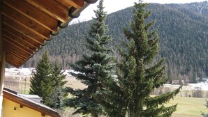 A yellow building with a wooden roof, surrounded by evergreen trees and a mountainous backdrop.