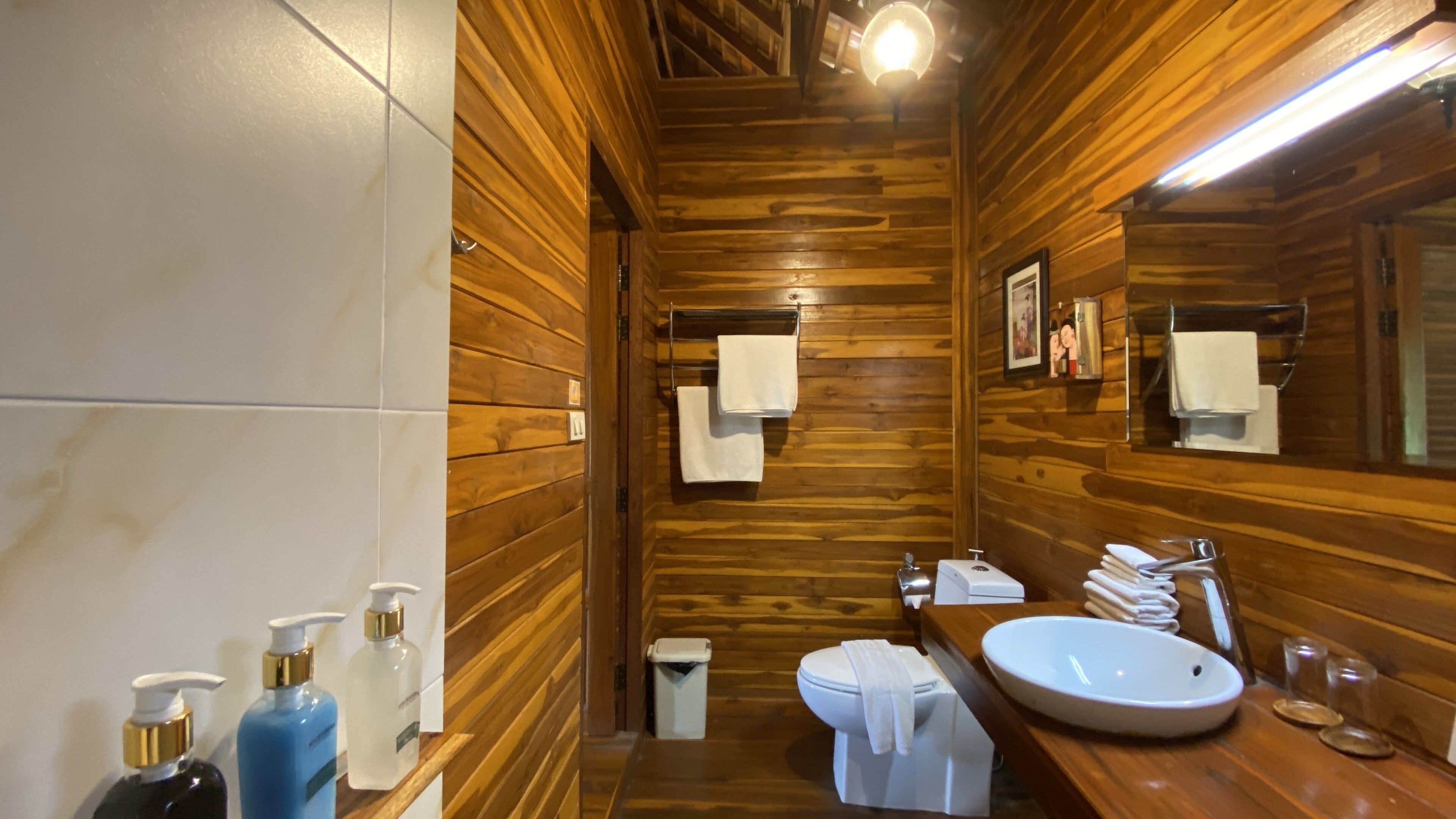 A wooden-paneled bathroom with a white sink, a toilet, and a mirror. There are two bottles of hand soap and a trash bin.