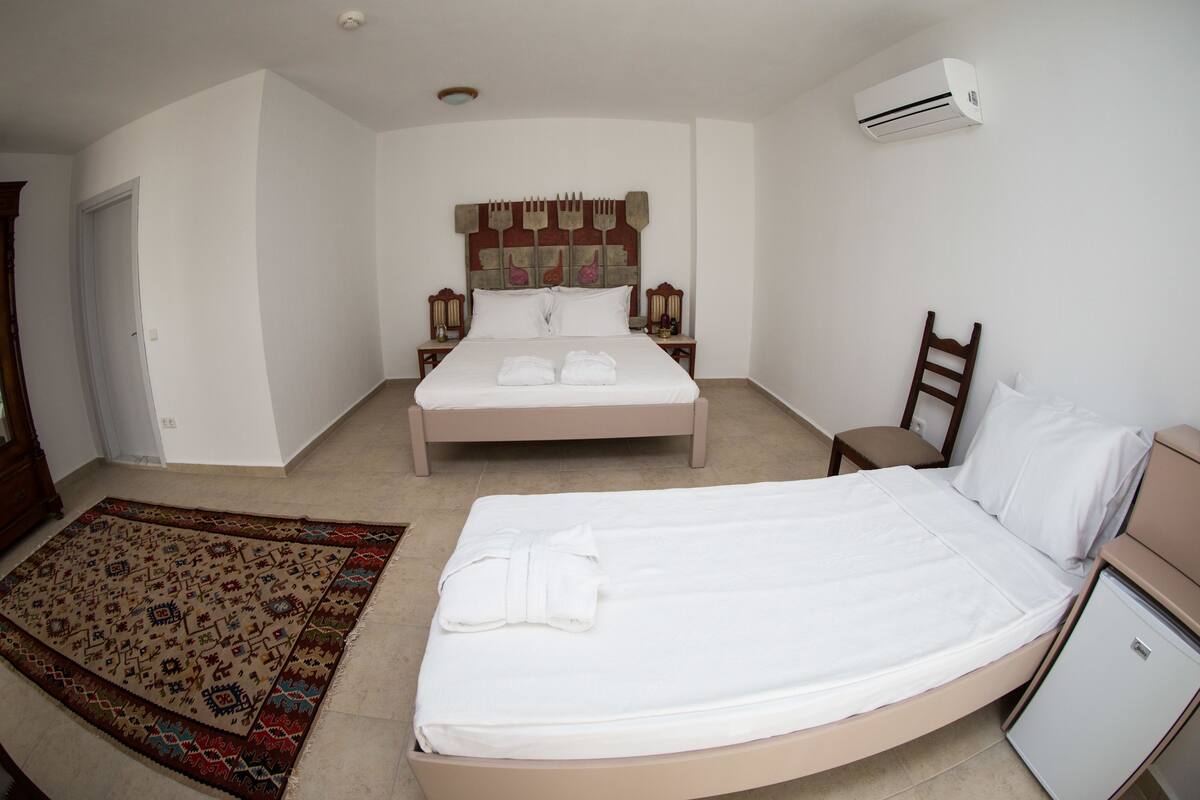 A bedroom with a large bed, a smaller bed, a bedside table, a nightstand, a dresser, an air conditioning unit, and a patterned rug.