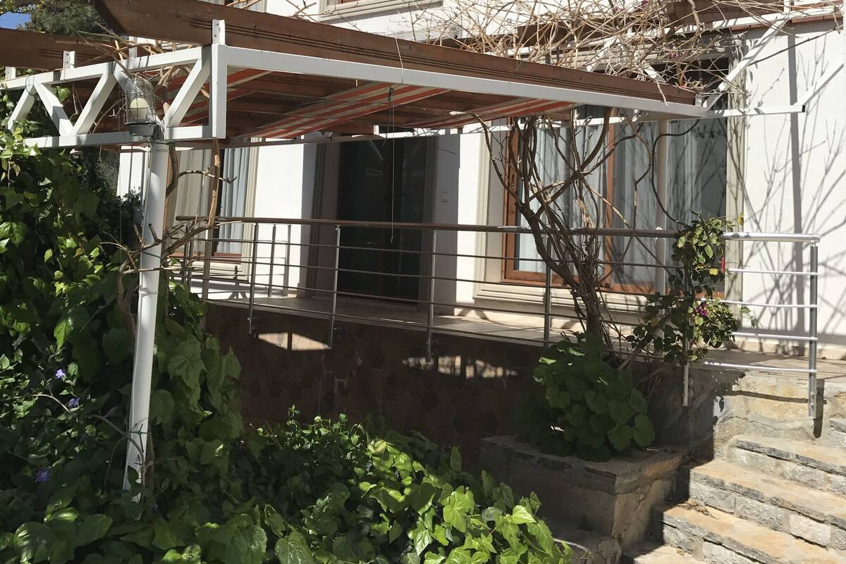A modern two-story house with a covered porch, a stone staircase, and a garden area with green foliage and a vine-covered trellis.