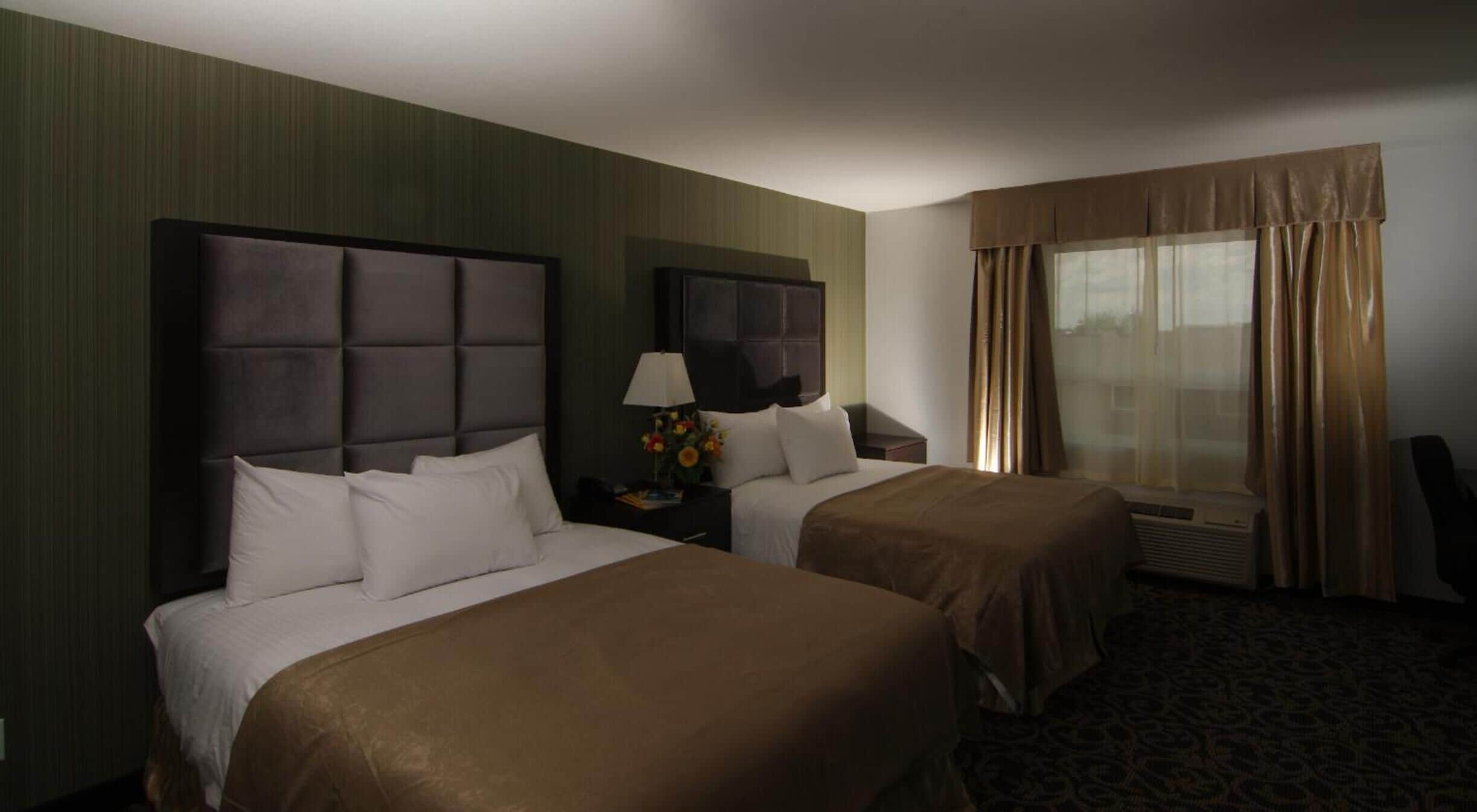 Une chambre d’hôtel avec deux lits, une table de chevet avec une lampe, une fenêtre avec des rideaux et un appareil de climatisation.