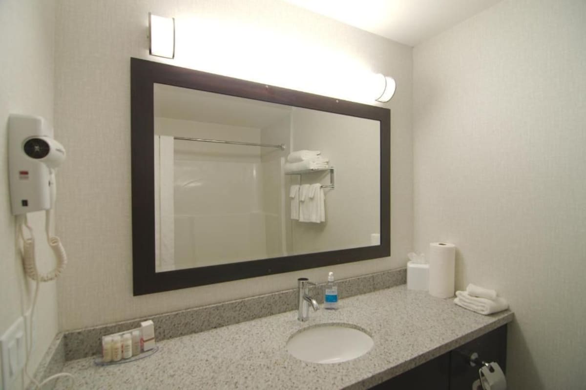 A hotel bathroom with a large mirror, a sink, a towel rack, a hairdryer, and a toilet paper dispenser.