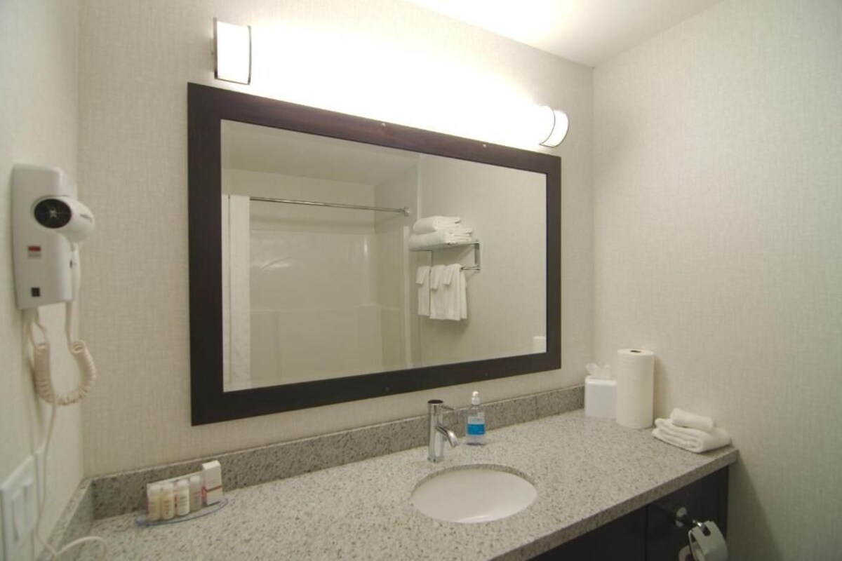 A hotel bathroom with a large mirror, a sink, a towel rack, a hairdryer, and a toilet paper dispenser.