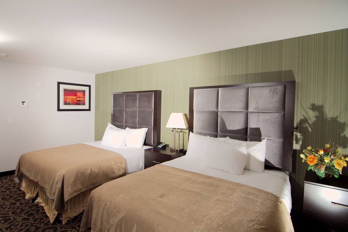 Quarto de hotel com duas camas, uma mesa de cabeceira com abajur e um quadro na parede.