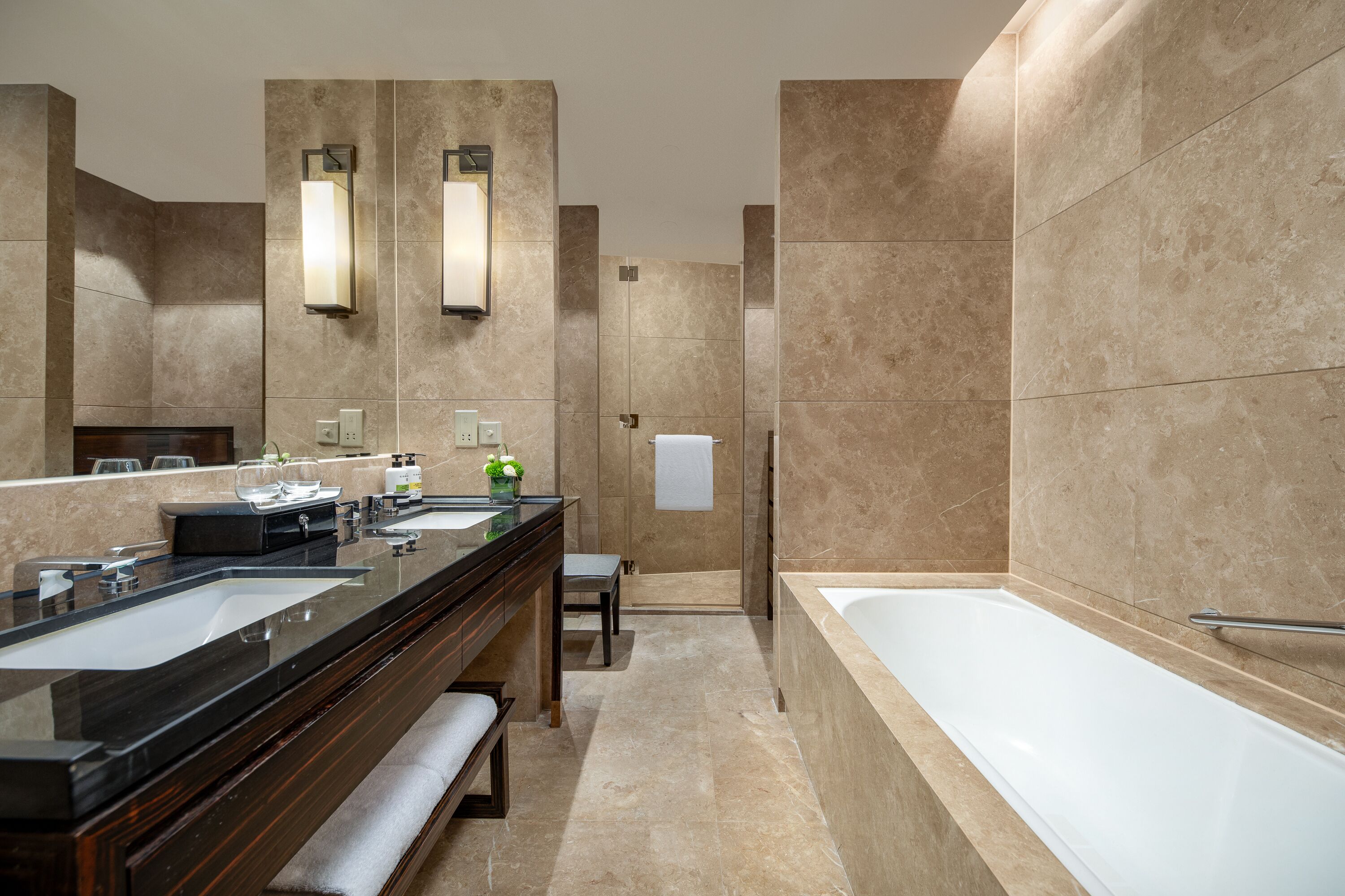 superior suite, 1 king bed, corner | bathroom | separate bathtub and shower, free toiletries, hair dryer, slippers