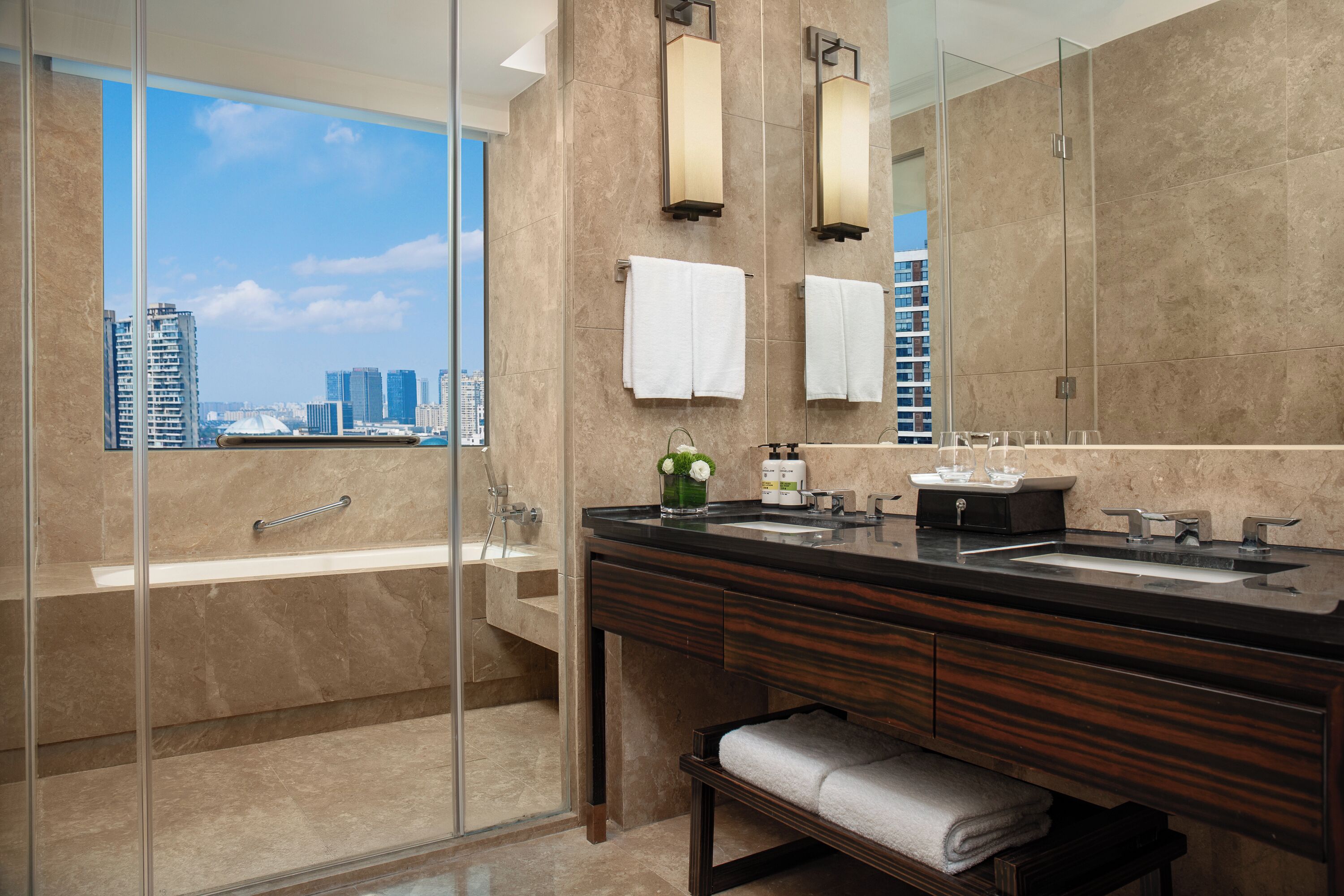 separate bathtub and shower, free toiletries, hair dryer, slippers