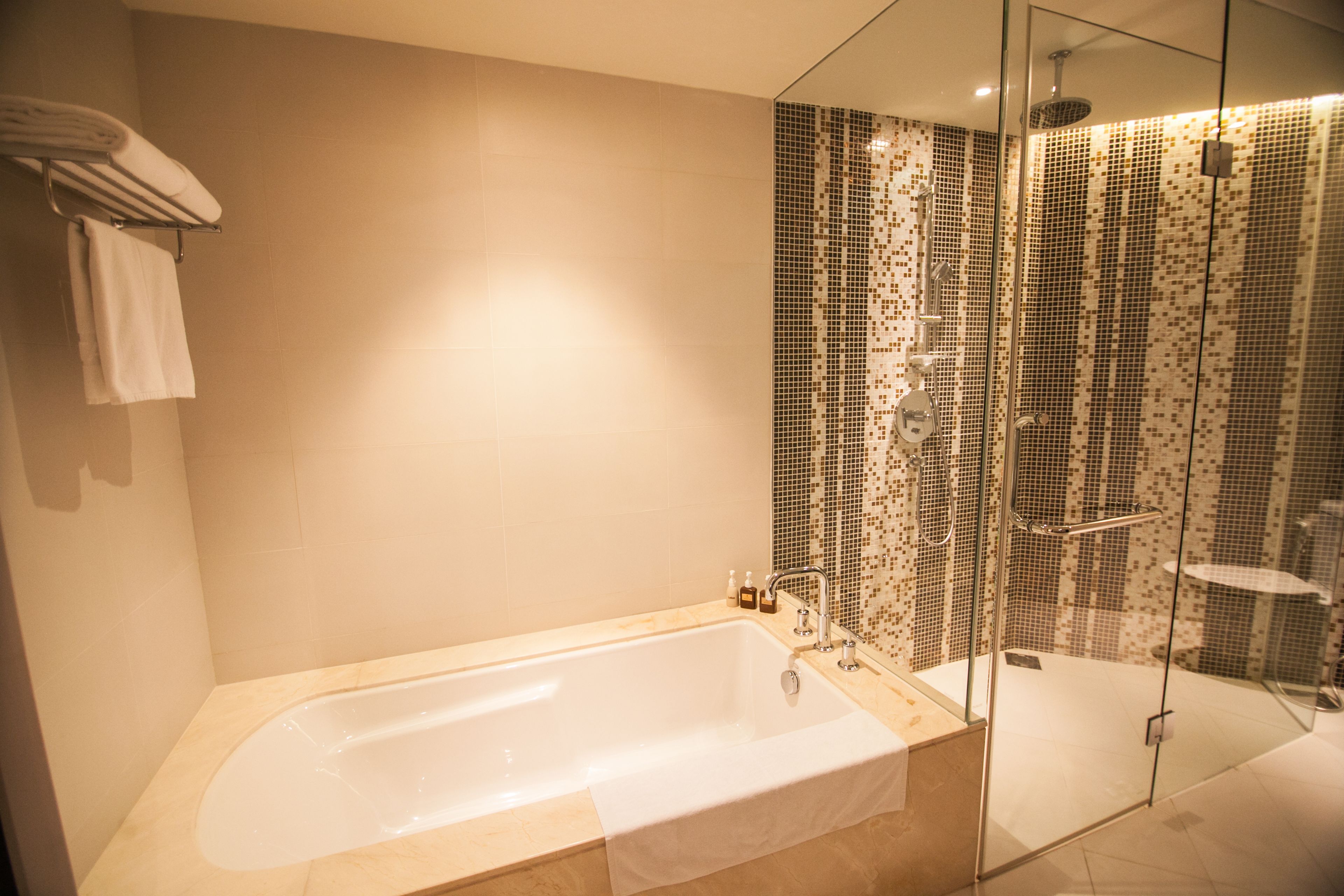 A modern bathroom with a large bathtub, a glass-enclosed shower, and a tiled shower wall.