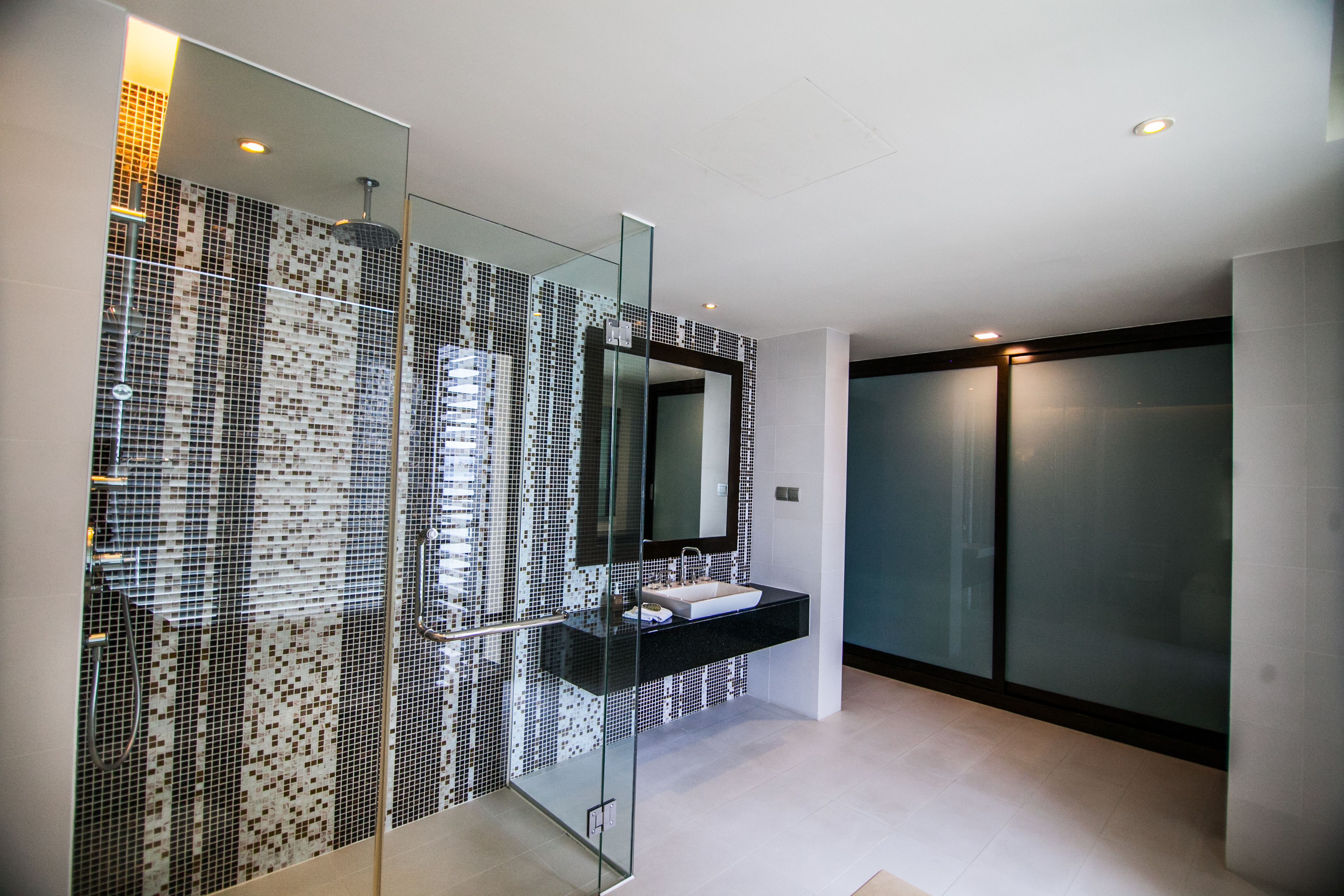 A modern bathroom with a glass shower enclosure, a black countertop sink, and a large mirror.