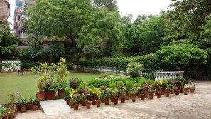 Un jardín con plantas en macetas, un pequeño césped y un sendero de hormigón.
