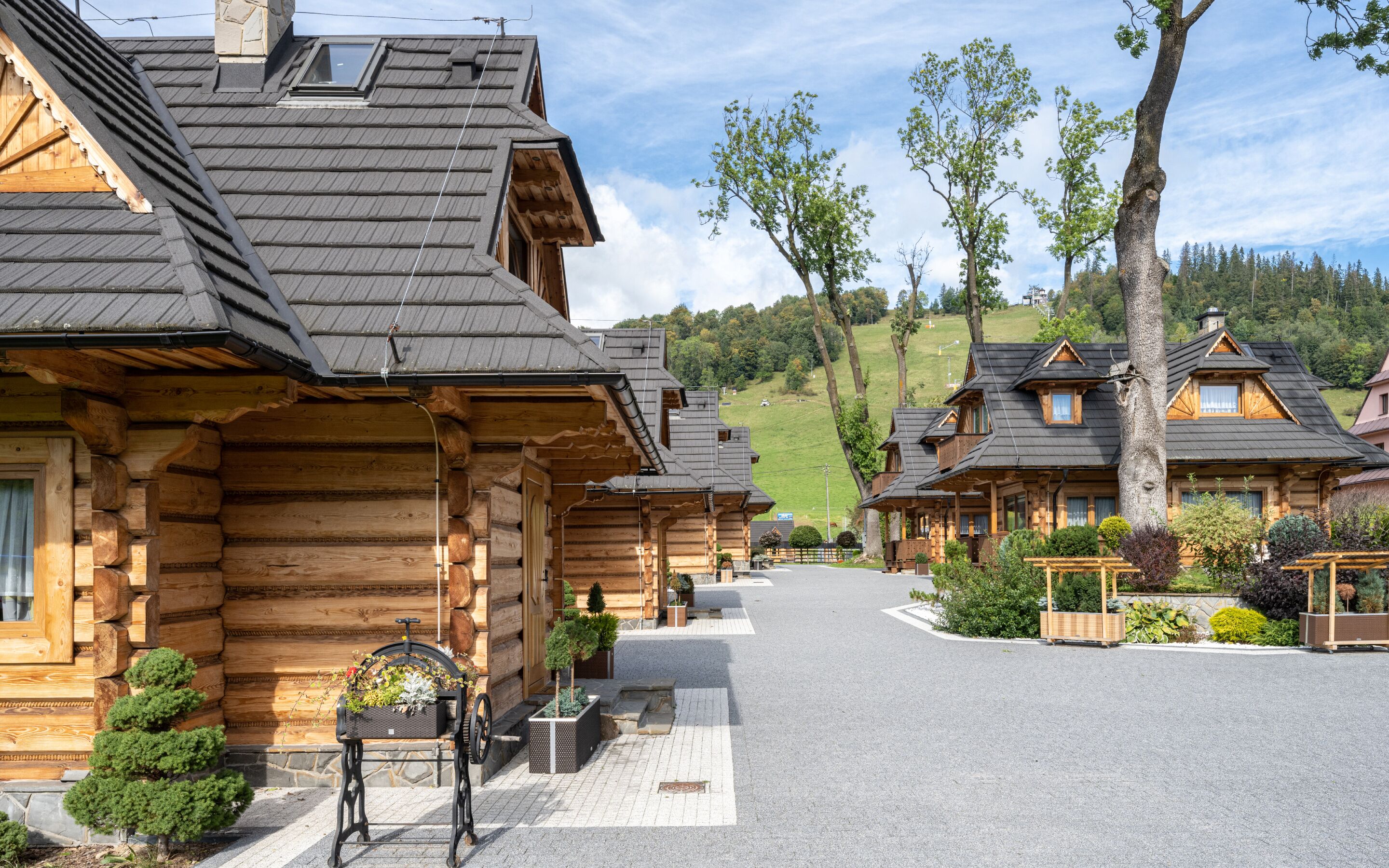 A row of log cabins with pitched roofs, wooden balconies, and a paved street in front.
