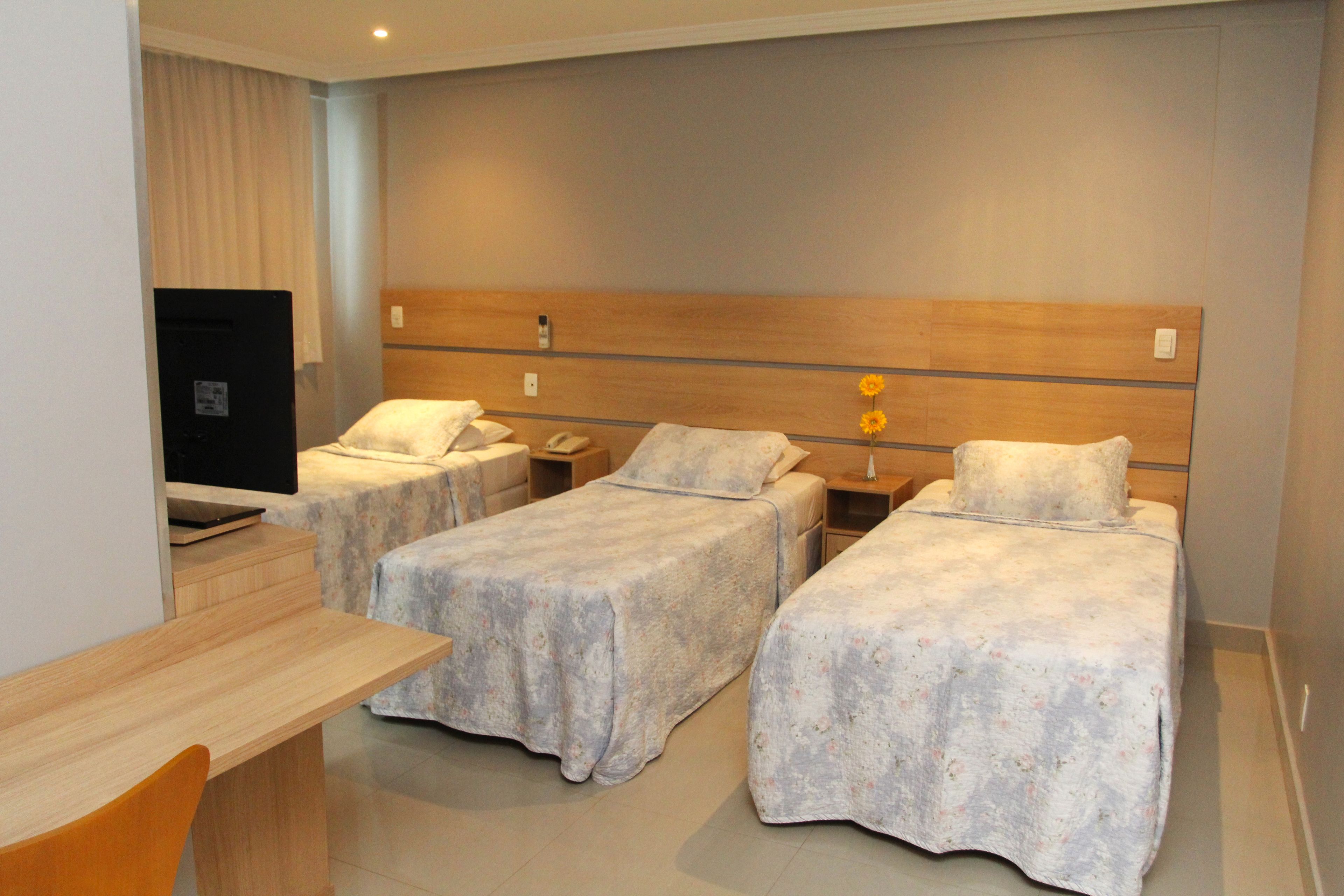 A hotel room with two single beds, a wooden headboard, a desk with a chair, and a television.