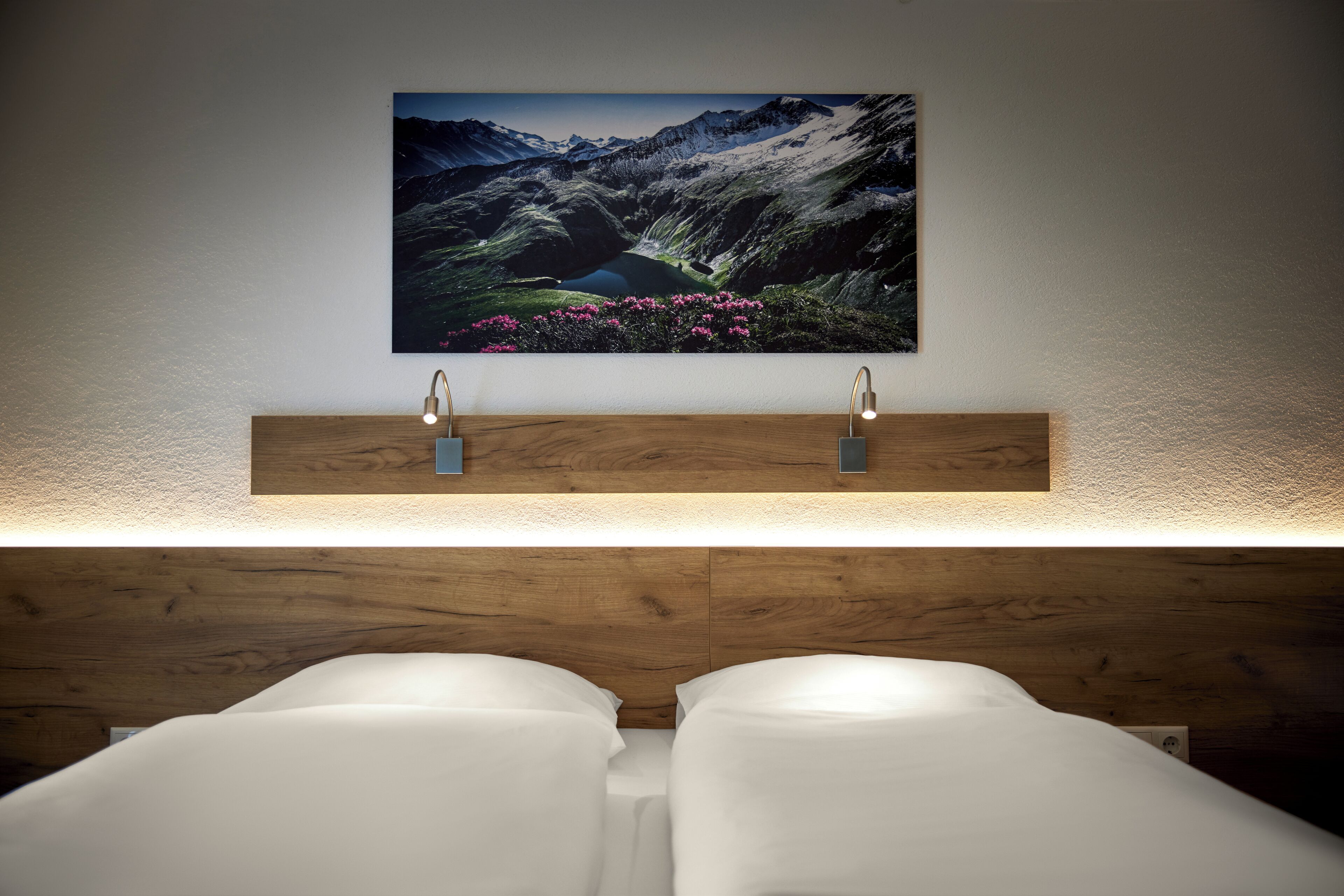 A bedroom with two beds, a wooden headboard, a nightstand, and a wall-mounted picture of a mountainous landscape.