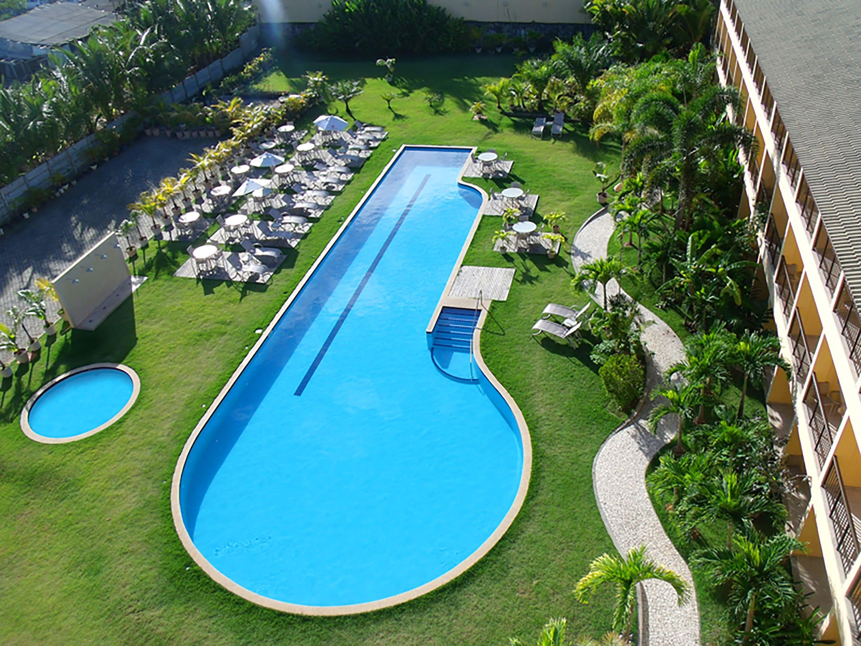 Outdoor pool, pool umbrellas, pool loungers