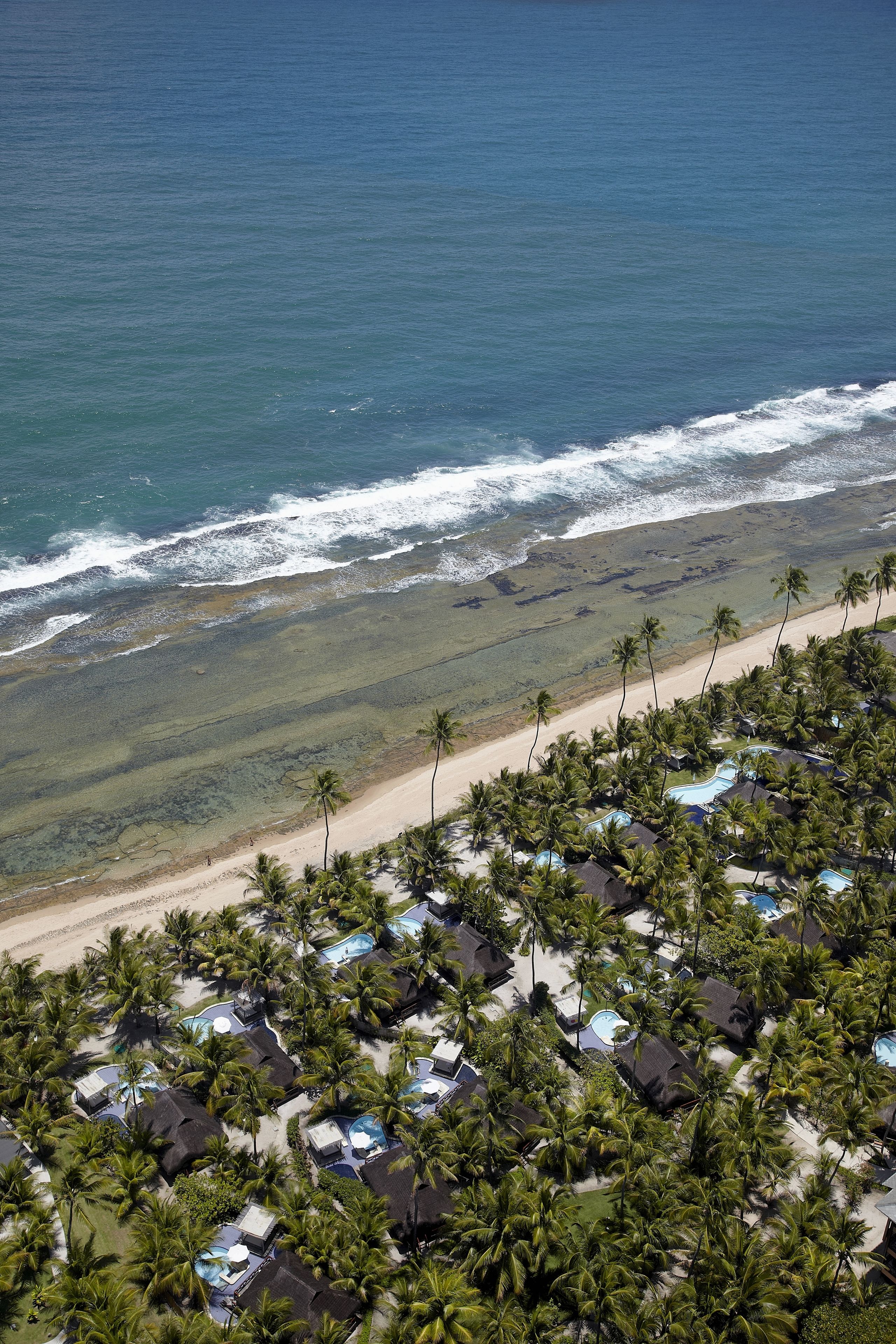 An aerial view of a resort with multiple bungalow-style buildings, a beach, and palm trees.