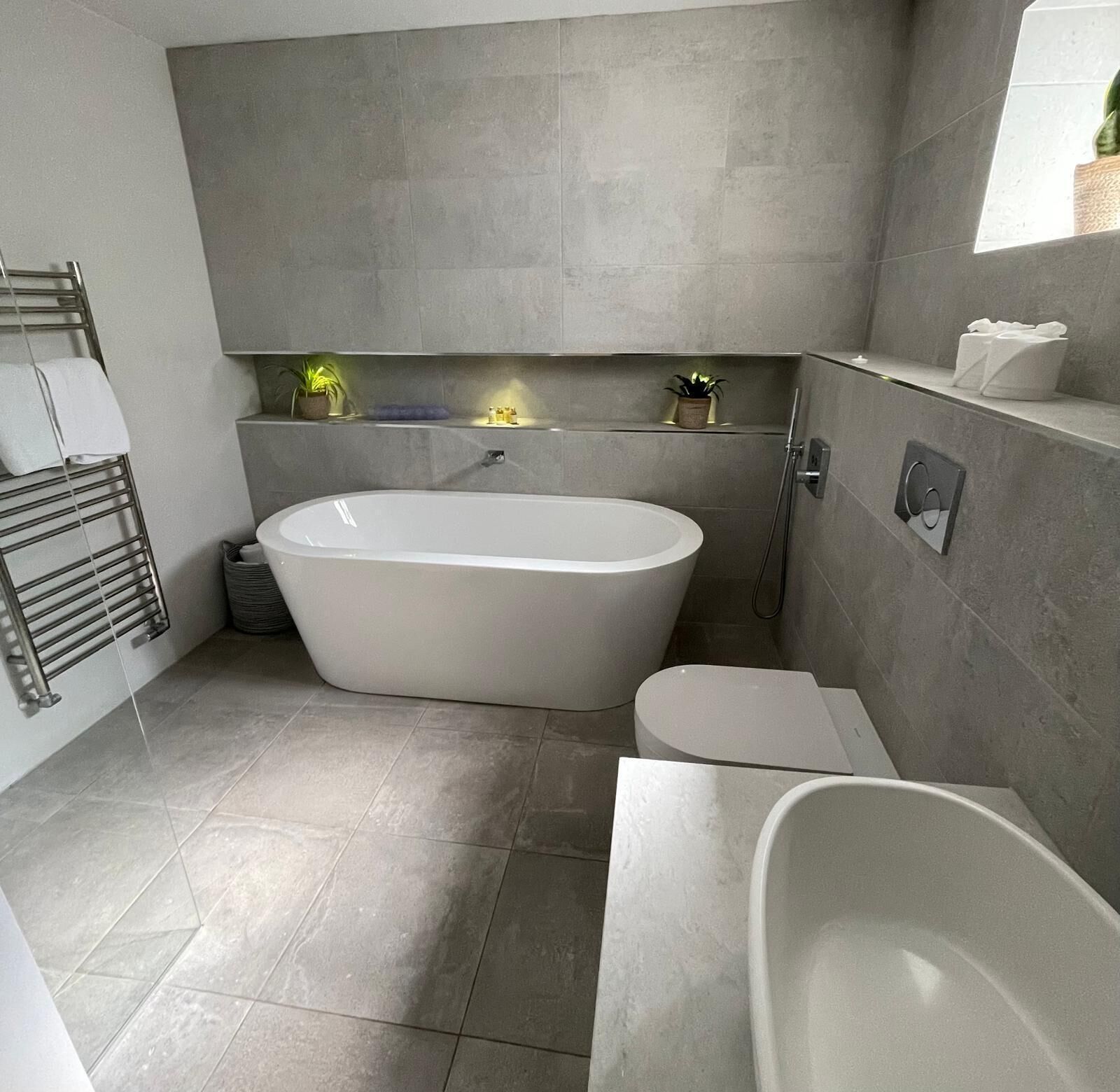 A modern bathroom with a freestanding bathtub, a toilet, and a shower area.
