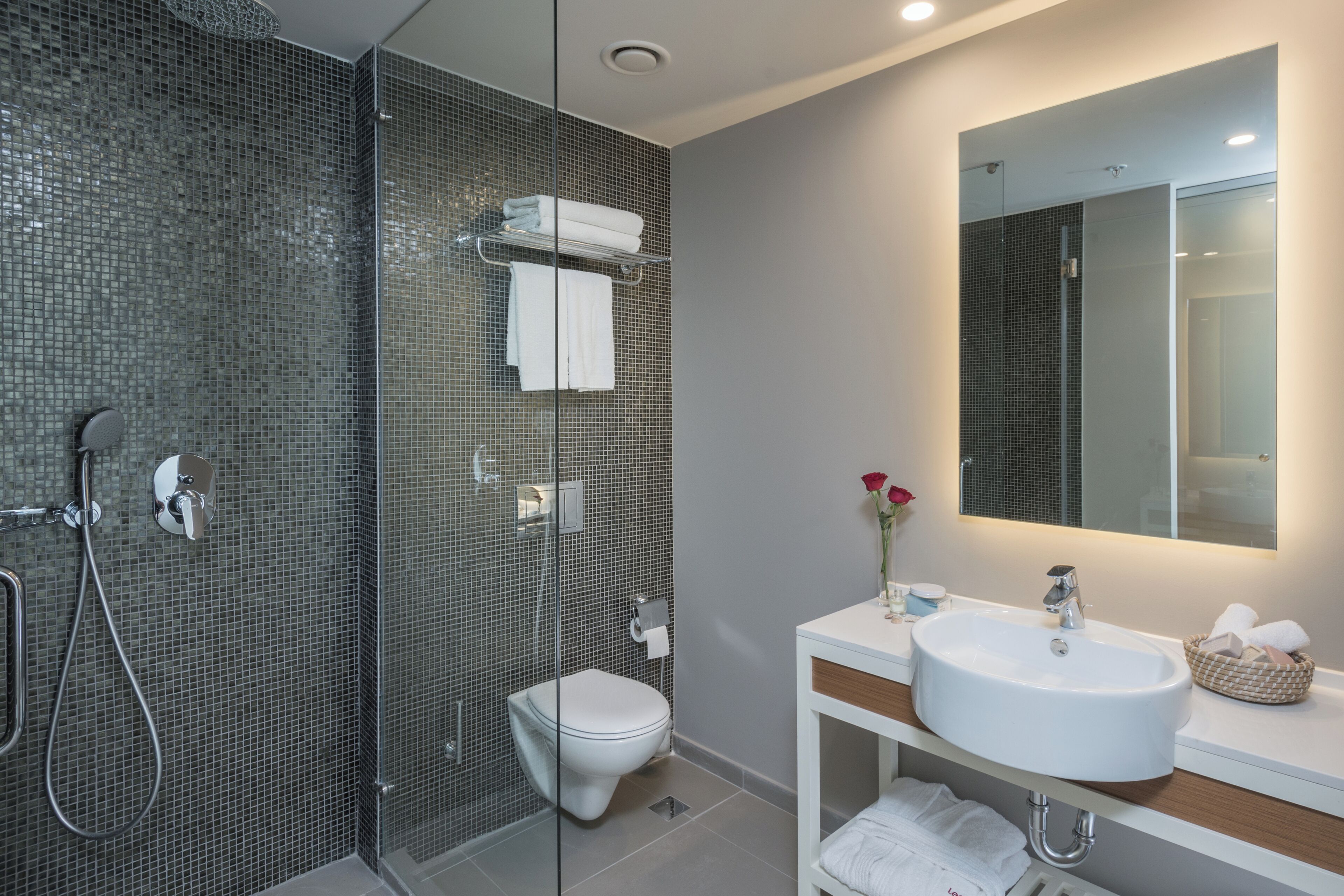 A modern bathroom with a glass-enclosed shower, a white toilet, a sink with a mirror, and a towel rack.