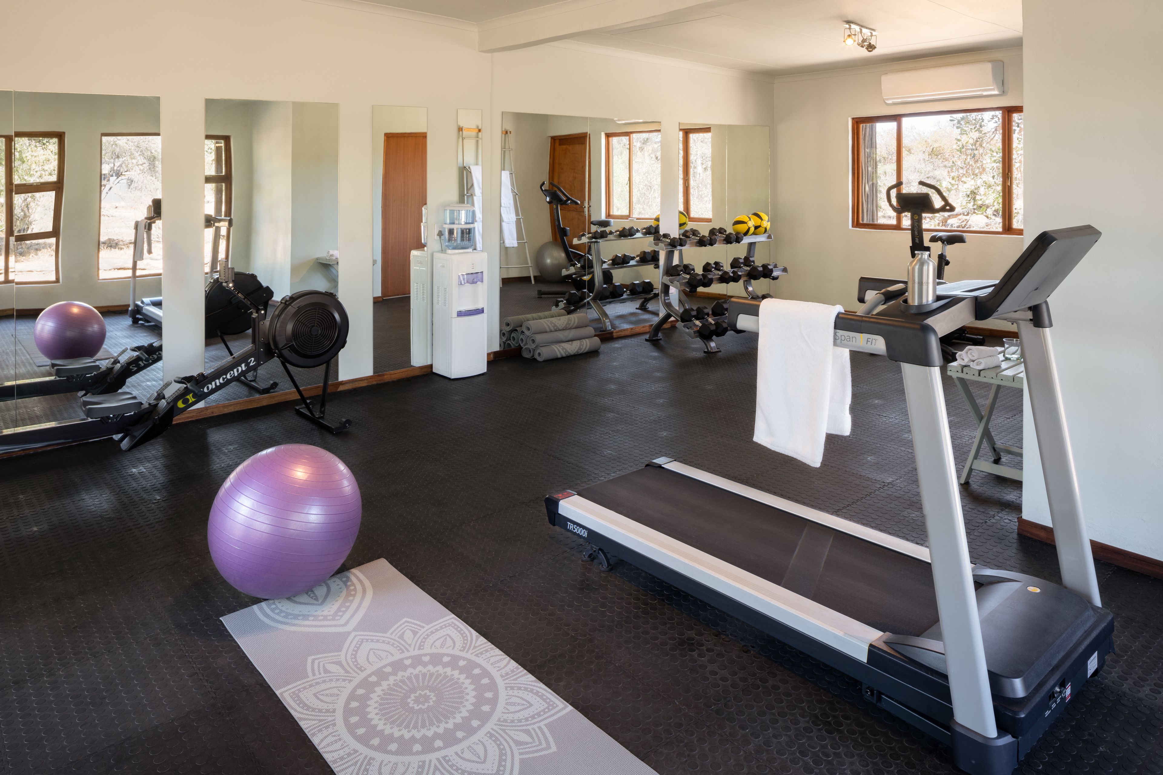 Une salle de sport équipée d’un tapis de course, de ballons d’exercice et d’un mur recouvert de miroirs.